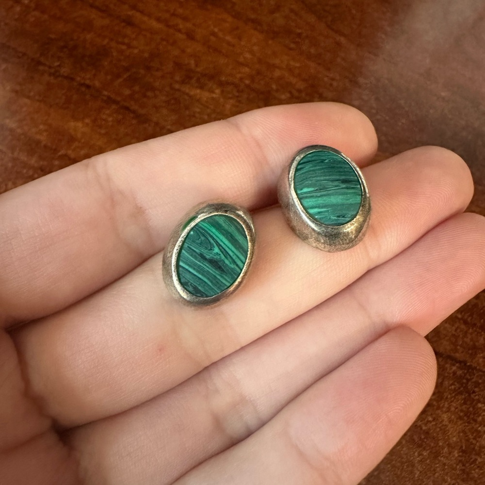 Malachite & Sterling Silver Stud Oval Earrings | Mexico